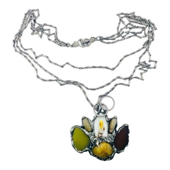 Citrine Sea Glass & China Pendant Silver Blend Metalwork & VNTG 3 Tier Necklace - Picture 6 of 12